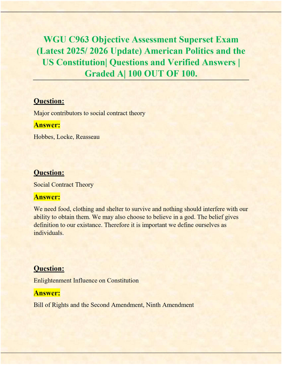 WGU C963 Objective Assessment Superset Exam – American Politics & U.S. Constitution (2025/2026 Verified Q&A, Grade A, 100/100)