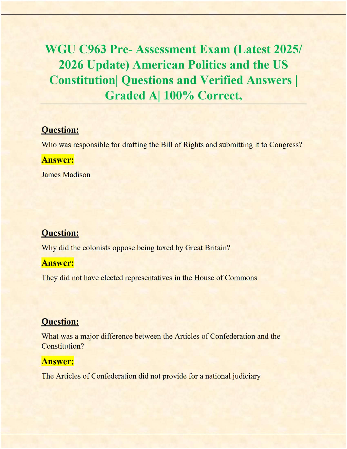 WGU C963 Pre-Assessment Exam – American Politics & U.S. Constitution (2025/2026 Verified Q&A, 100% Correct, Grade A)