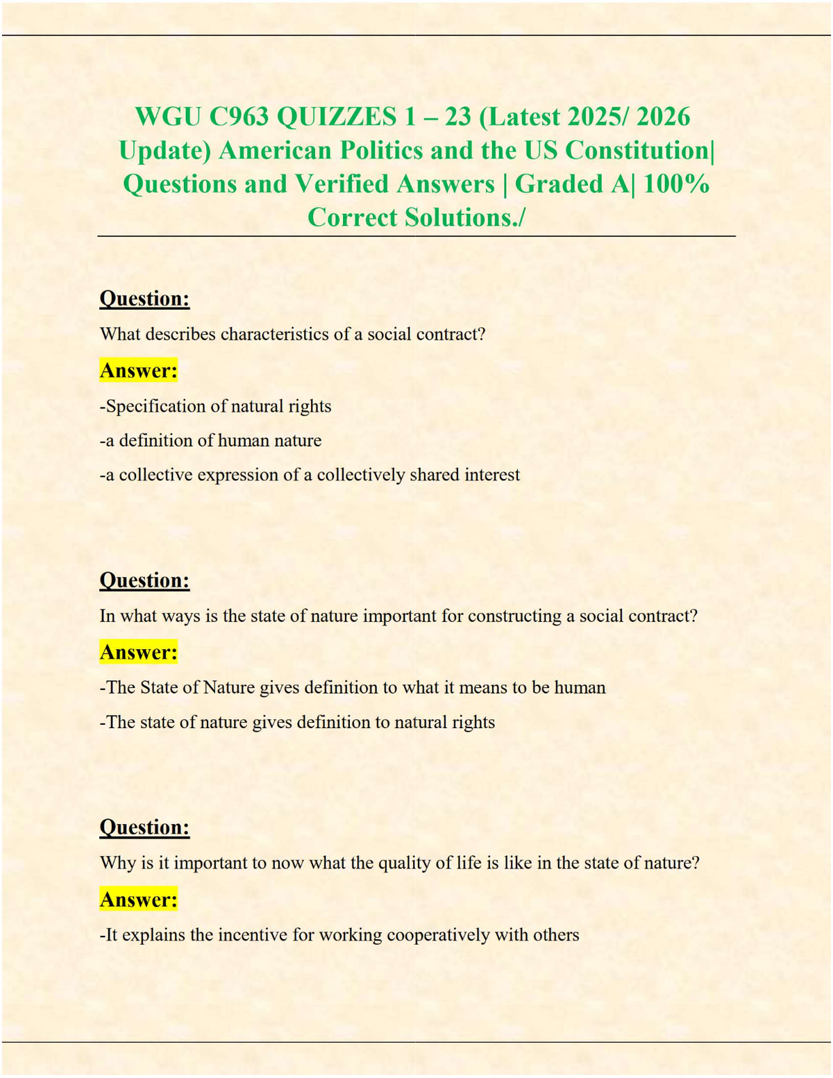 WGU C963 Quizzes 1–23 with Verified Answers (2025/2026 Update) – American Politics & U.S. Constitution, 100% Correct