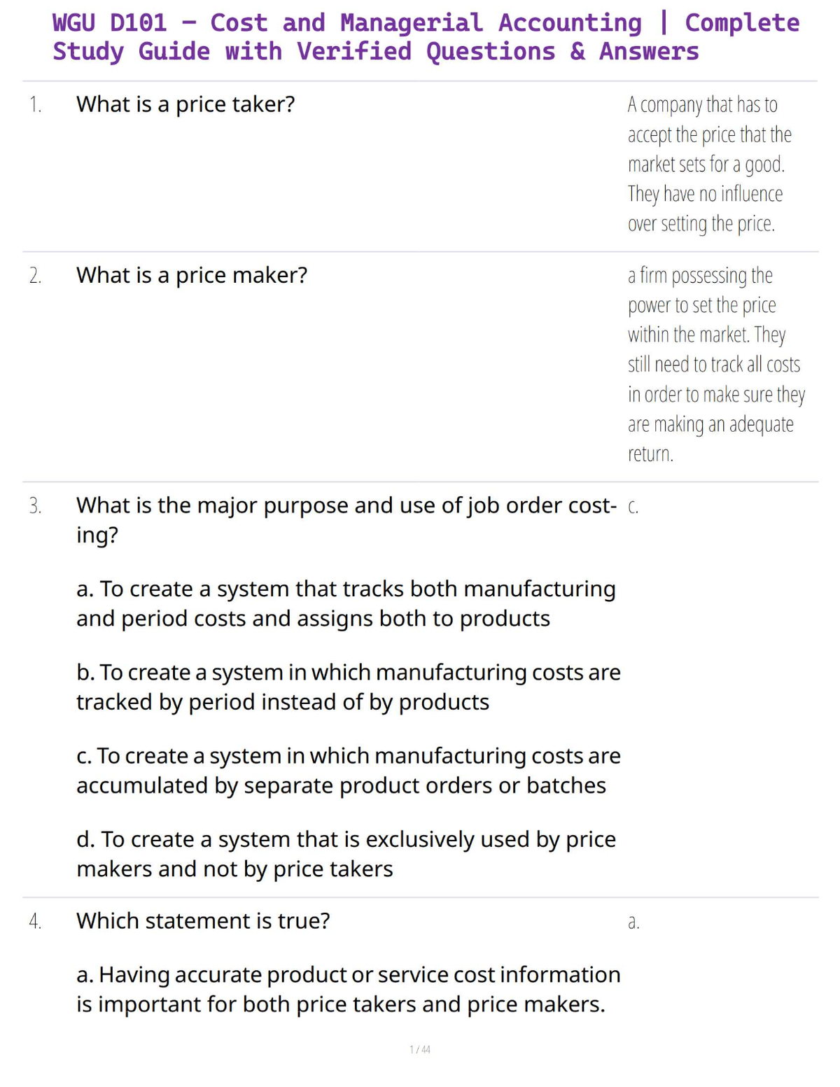 WGU D101 – Cost and Managerial Accounting | Complete Study Guide with Verified Questions & Answers