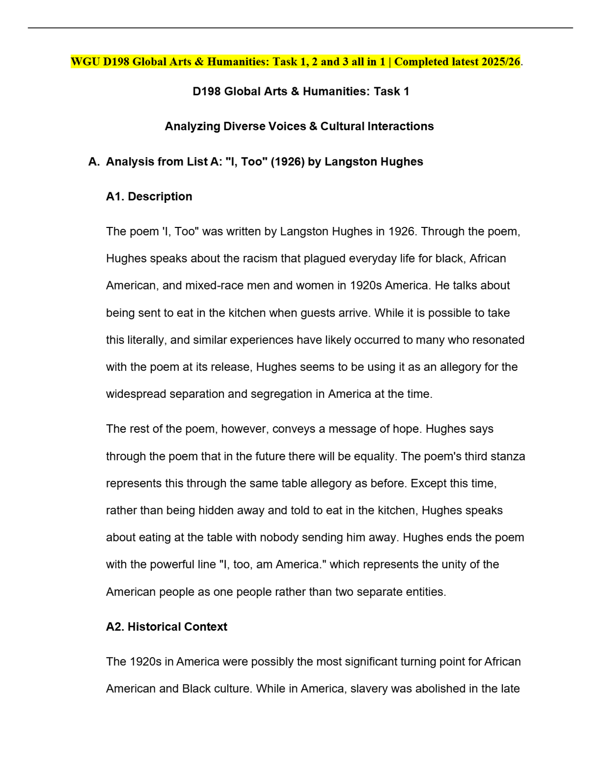 WGU D198 Global Arts & Humanities: Task 1, 2 and 3 all in 1 | Completed latest 2025/26.
