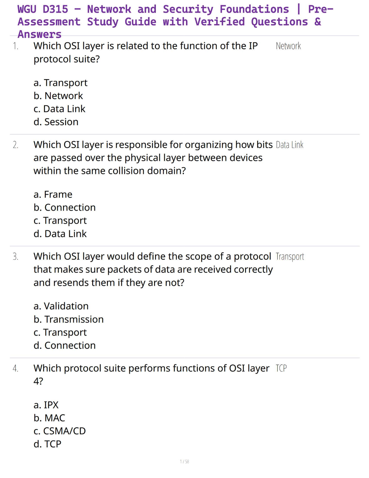 WGU D315 – Network and Security Foundations | Pre-Assessment Study Guide with Verified Questions & Answers