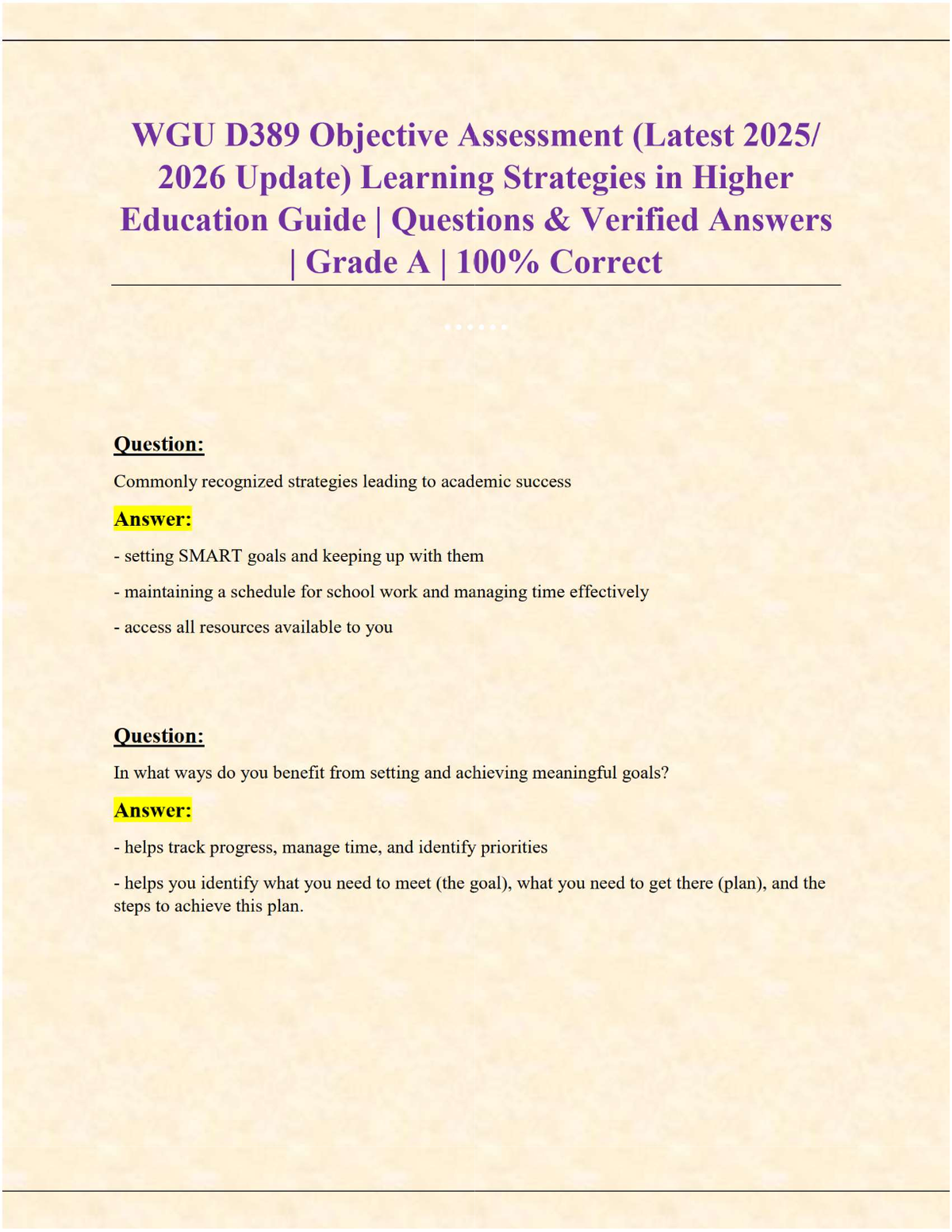 WGU D389 Pre – Assessment Exam (NEW 2025/ 2026 Update) Learning Strategies in Higher Education Guide | Questions & Verified Answers | Grade A | 100% Correct