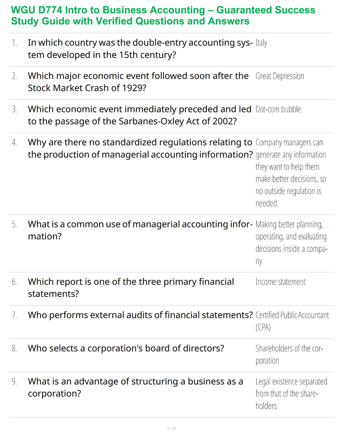 WGU D774 Intro to Business Accounting – Guaranteed Success Study Guide with Verified Questions and Answers