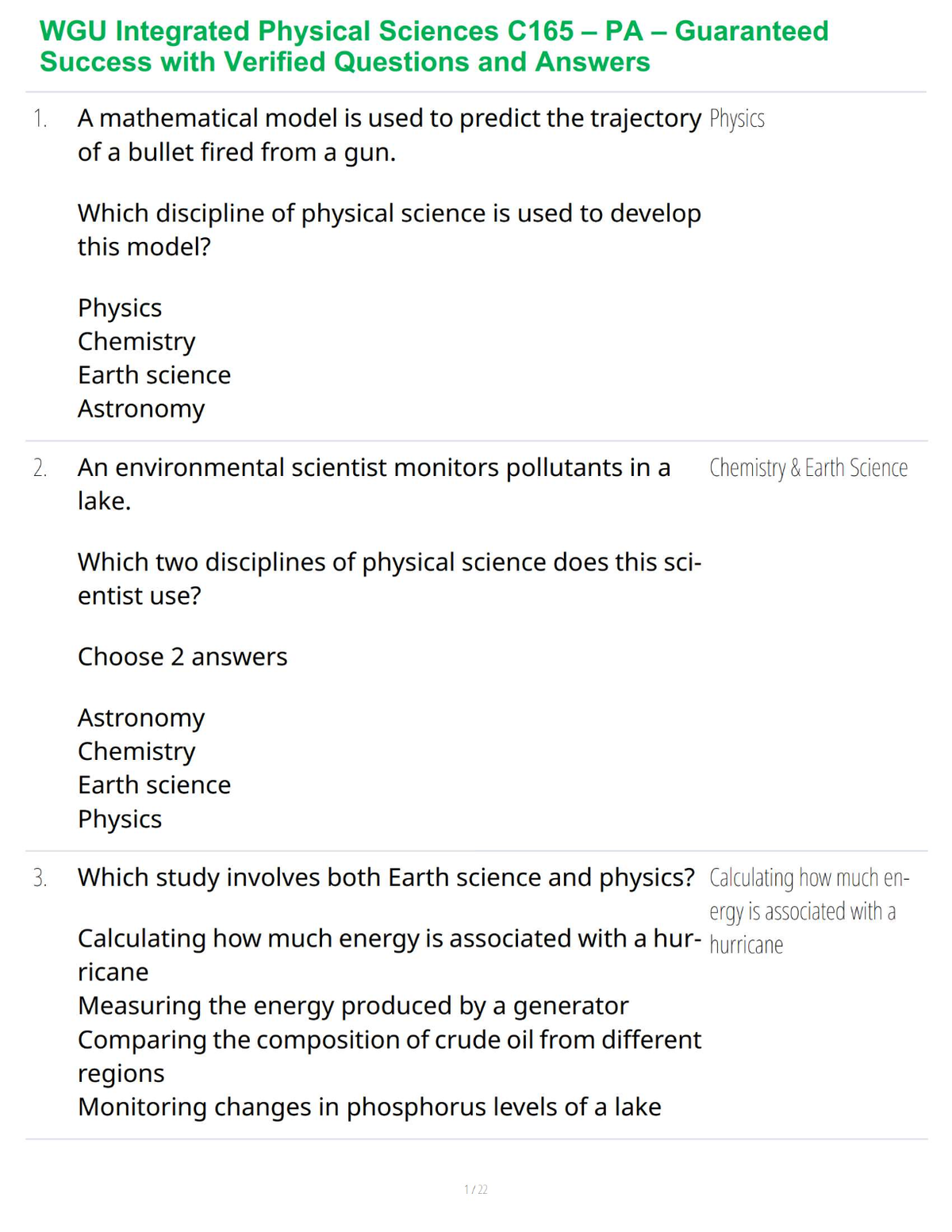 WGU Integrated Physical Sciences C165 – PA – Guaranteed Success with Verified Questions and Answers