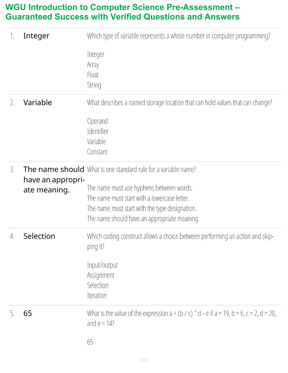 WGU Introduction to Computer Science Pre-Assessment – Guaranteed Success with Verified Questions and Answers