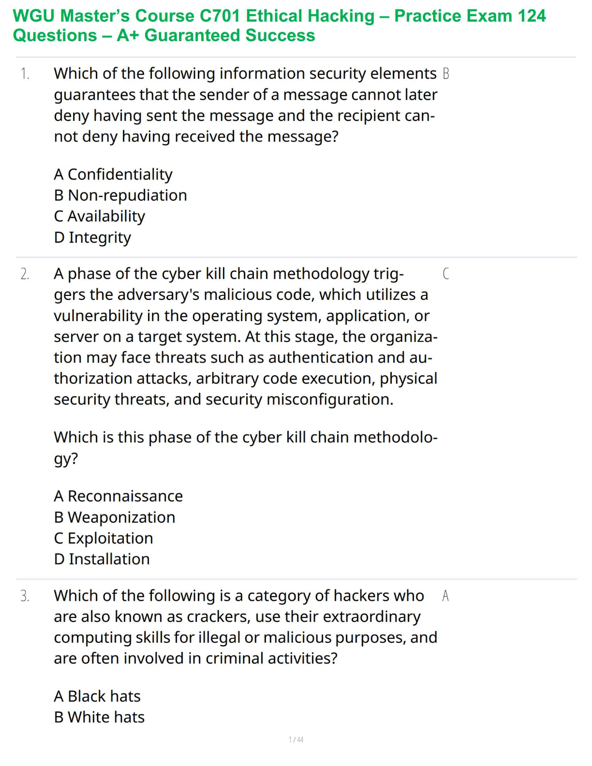 WGU Master’s Course C701 Ethical Hacking – Practice Exam 124 Questions – A+ Guaranteed Success