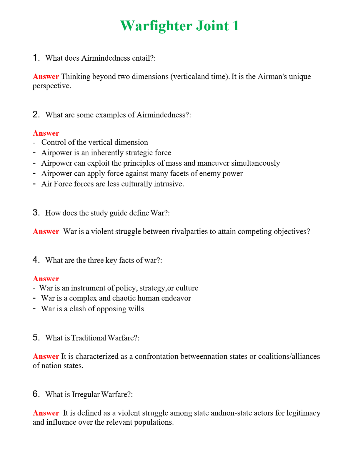 Warfighter Joint 1 | Actual Questions and Verified Answers ( Included ) 100% Correct