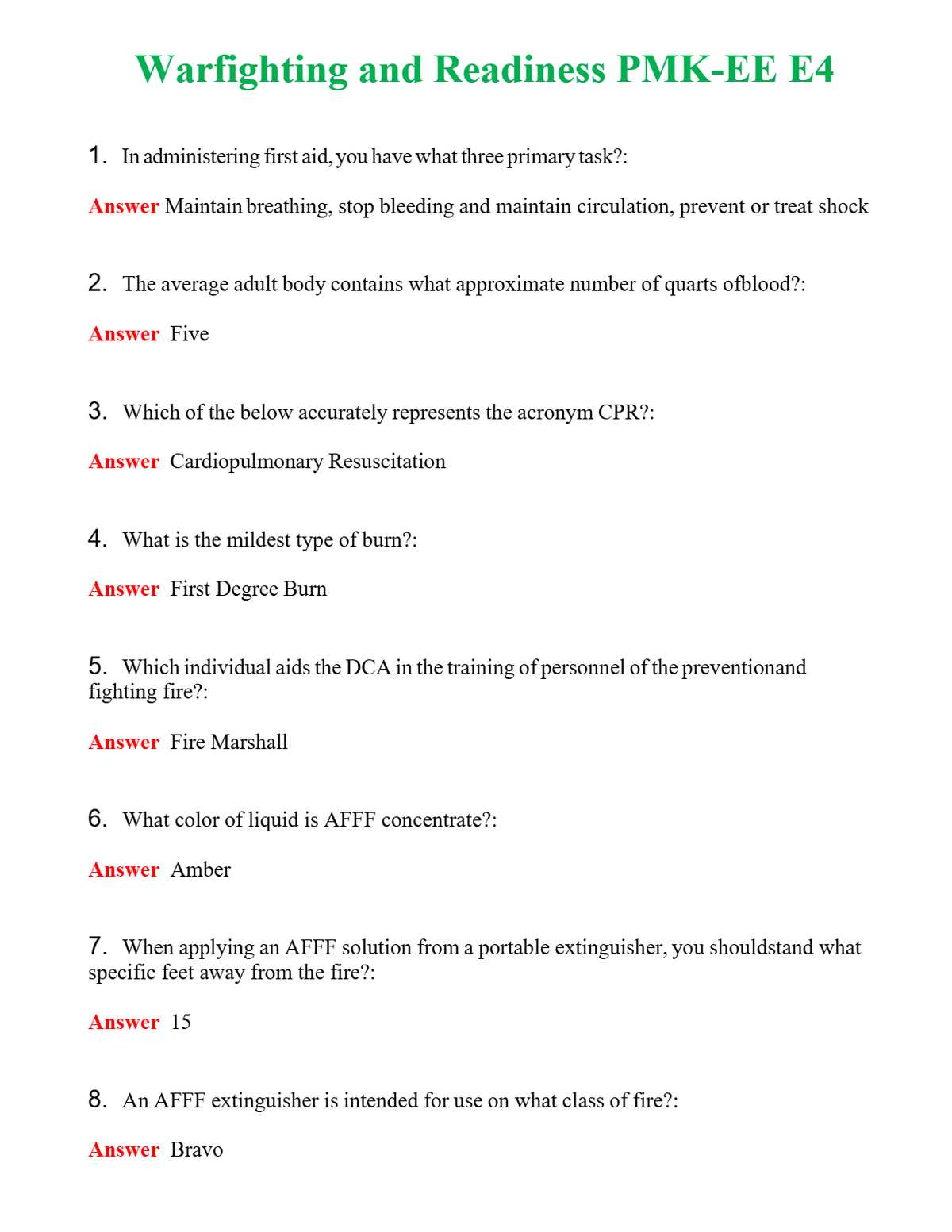 Warfighting and Readiness PMK-EE E4 | Actual Questions and Verified Answers ( Included ) 100% Correct