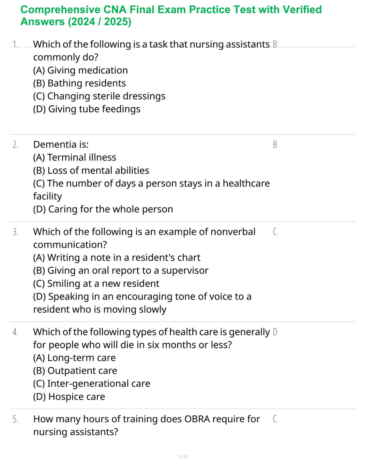 Comprehensive CNA Final Exam Practice Test with Verified Answers (2024 / 2025)