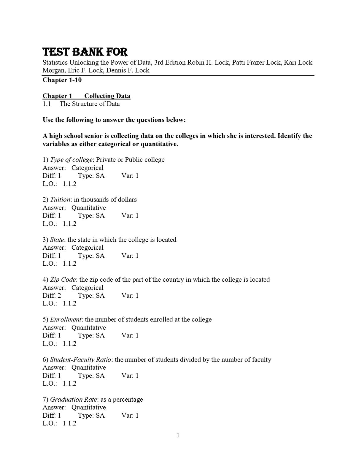 Test Bank For Statistics Unlocking the Power of Data, 3rd Edition Robin H. Lock, Patti Frazer Lock, Kari Lock Morgan, Eric F. Lock, Dennis F. Lock