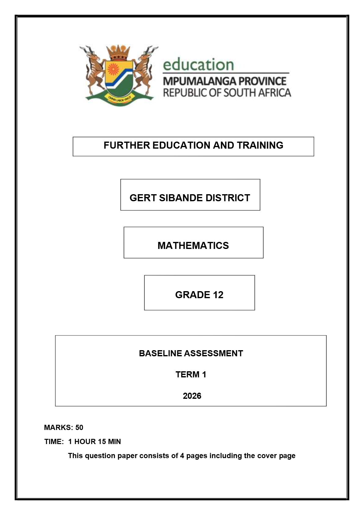 2026 G12 Mathematics Baseline Assessment - Term 1 Marks: 50 - Already solved.