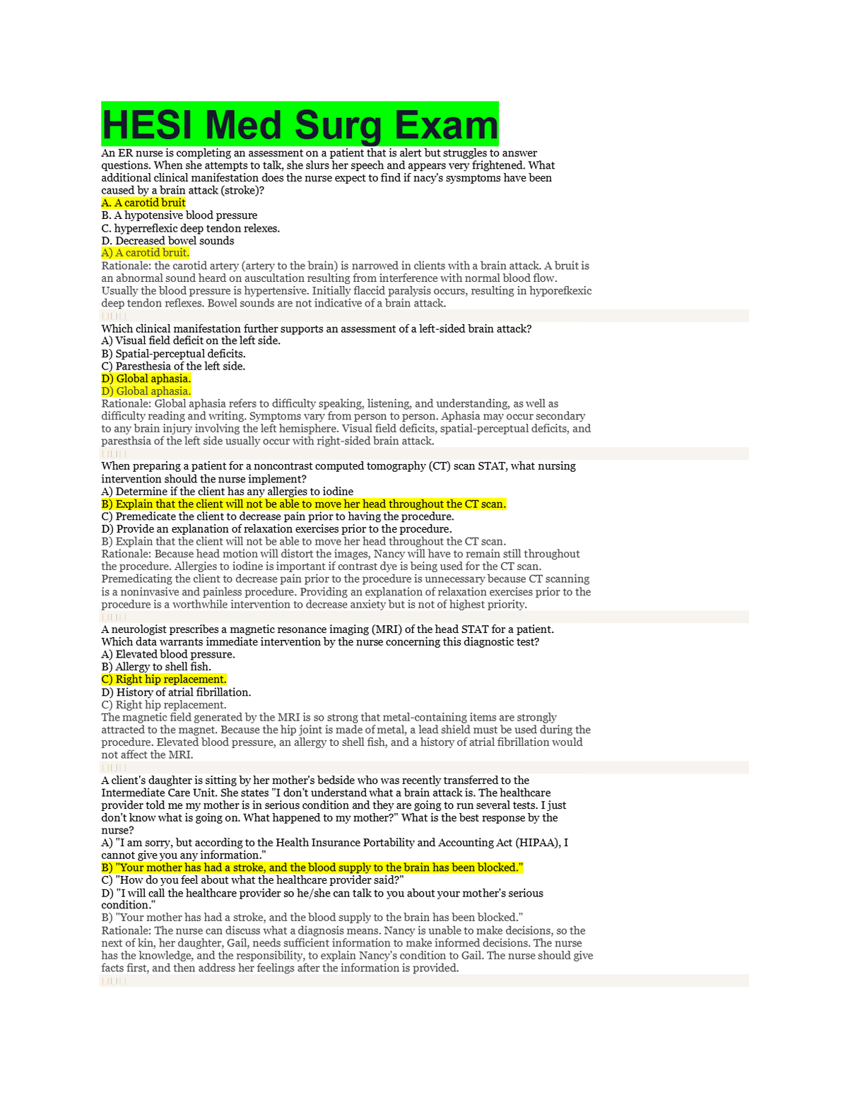 HESI Med Surg Exam Fall 2024/2025 Verified answers