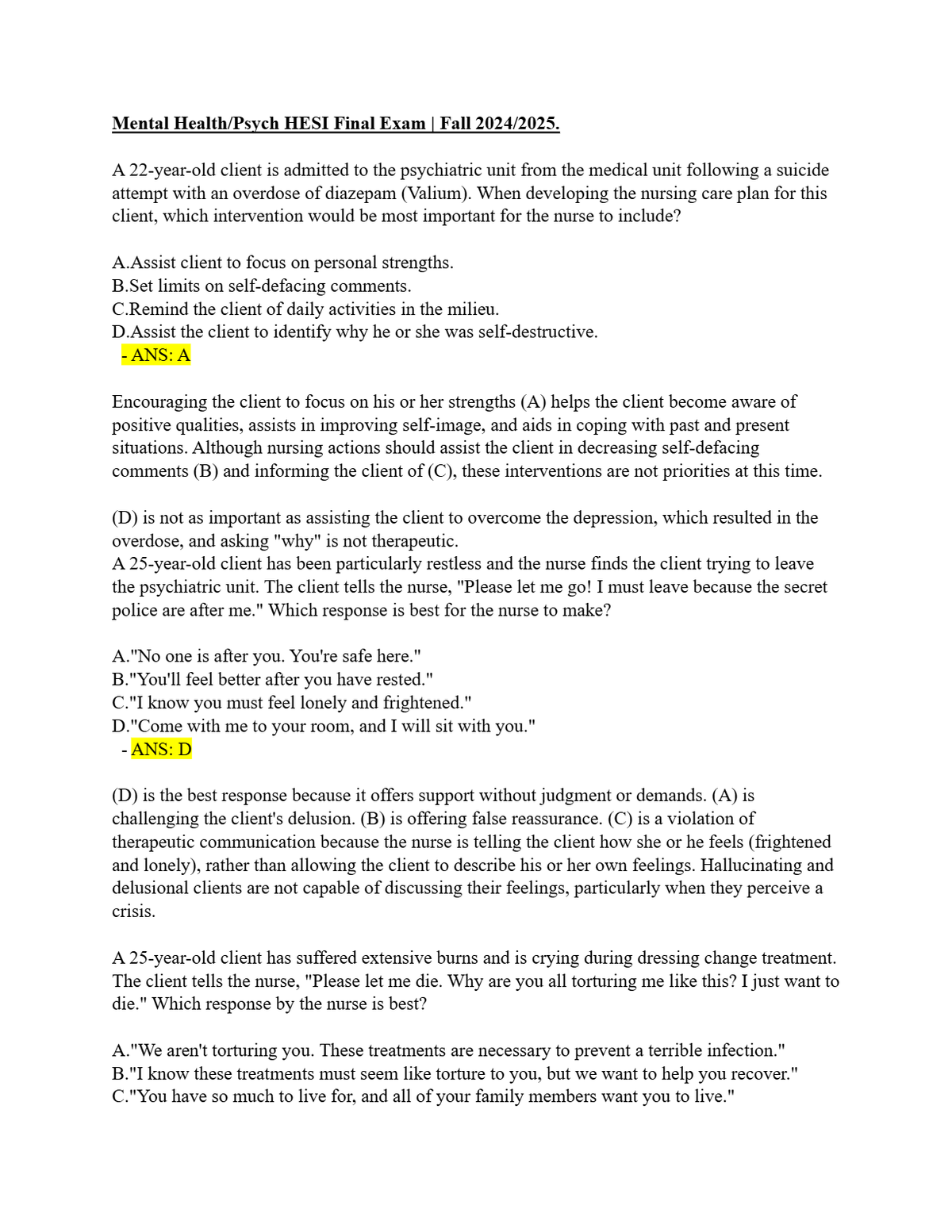 Mental Health/Psych HESI Final Exam | Fall 2024/2025.