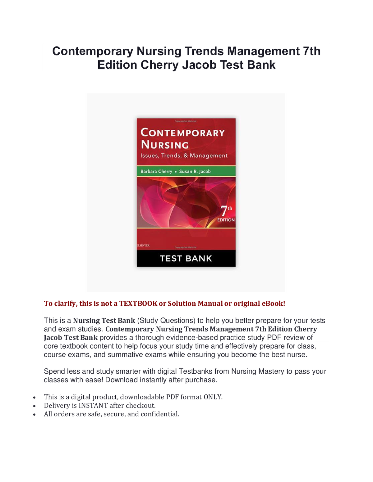 Contemporary Nursing Trends Management 7th Edition Cherry Jacob Test Bank, all chapters
