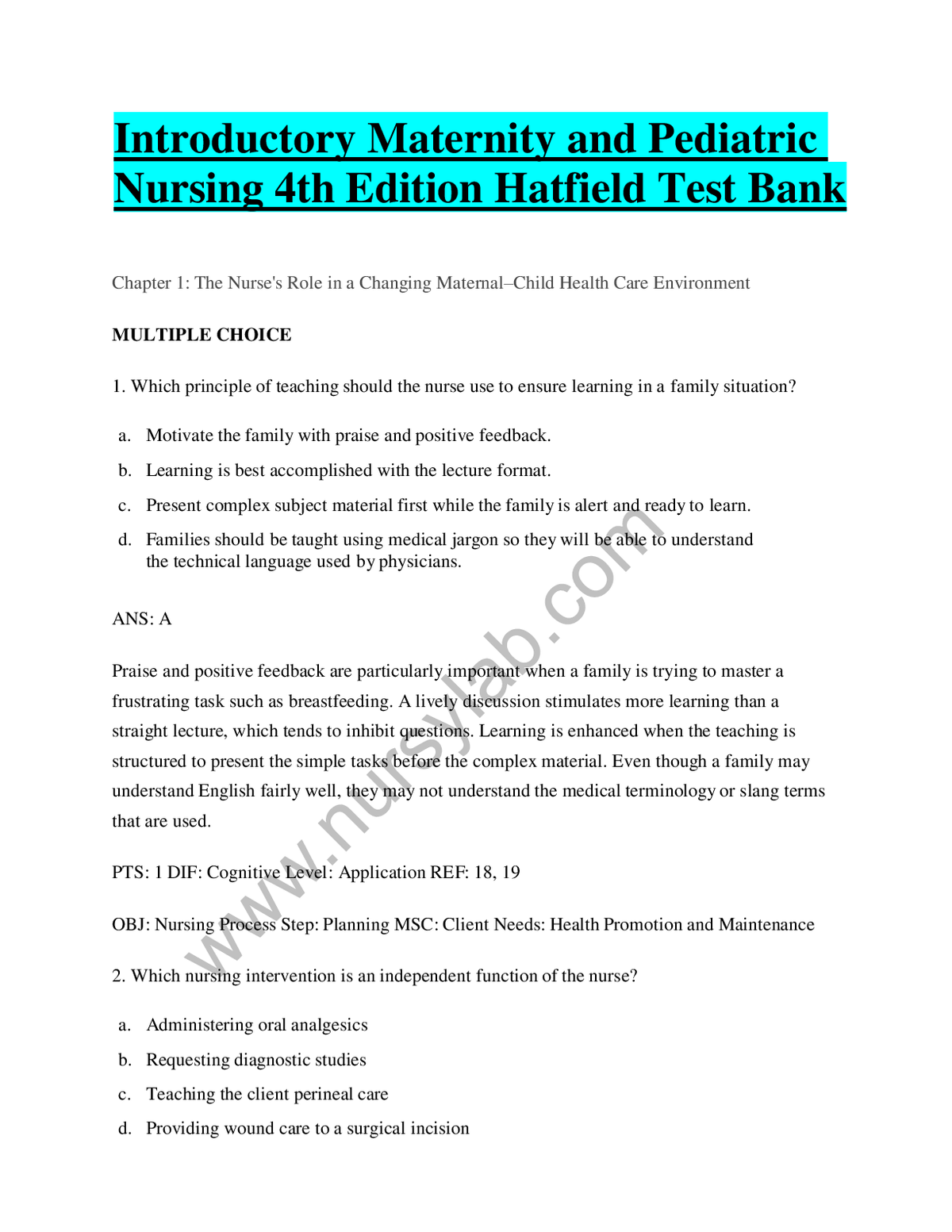 Introductory Maternity and Pediatric Nursing 4th Edition Hatfield Test Bank_ Complete