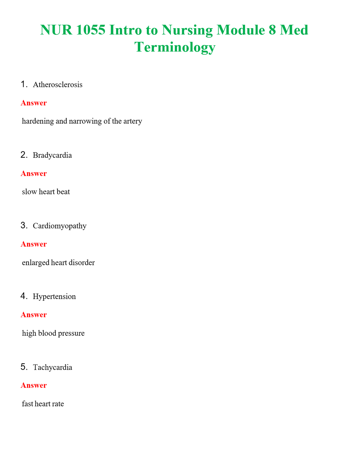 NUR 1055 INTRO TO NURSING MODULE 8 MED TERMINOLOGY | QUESTIONS AND ANSWERS INCLUDED