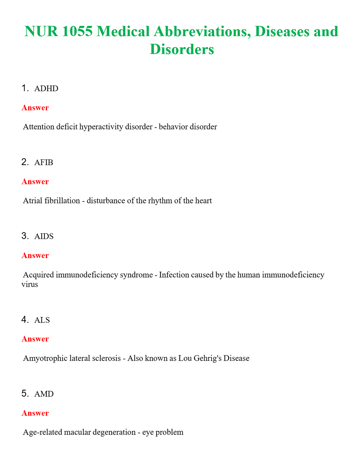NUR 1055 MEDICAL ABBREVIATIONS, DISEASES AND DISORDERS | COMPLETE ANSWERS 100% CORRECT