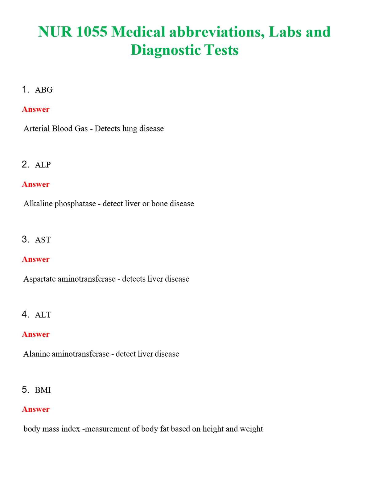 NUR 1055 MEDICAL ABBREVIATIONS, LABS AND DIAGNOSTIC TESTS | GRADED A+ QUESTIONS & ANSWERS
