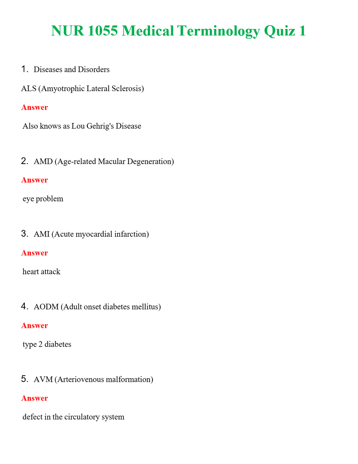 NUR 1055 MEDICAL TERMINOLOGY QUIZ 1 | NEW FULL QUESTIONS AND ANSWERS 100% CORRECT