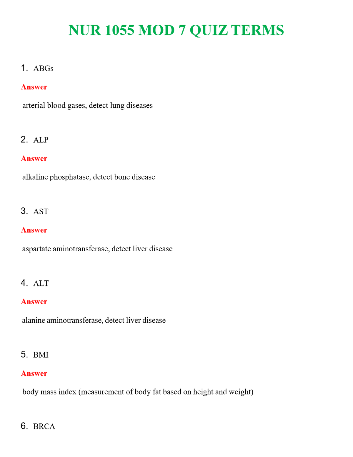 NUR 1055 MOD 7 QUIZ TERMS | WITH 100% VERIFIED ANSWERS