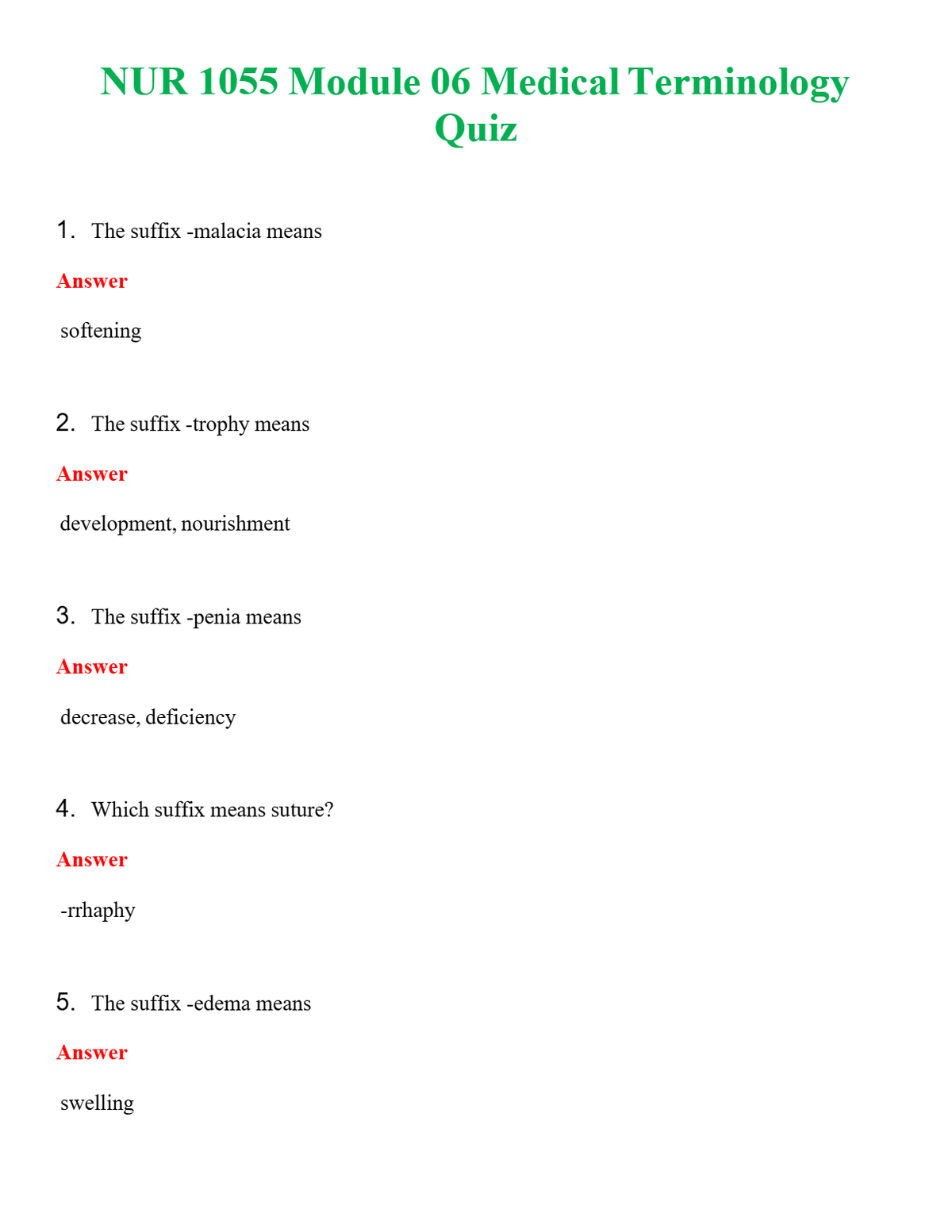 NUR 1055 MODULE 06 MEDICAL TERMINOLOGY QUIZ | WITH 100% VERIFIED ANSWERS