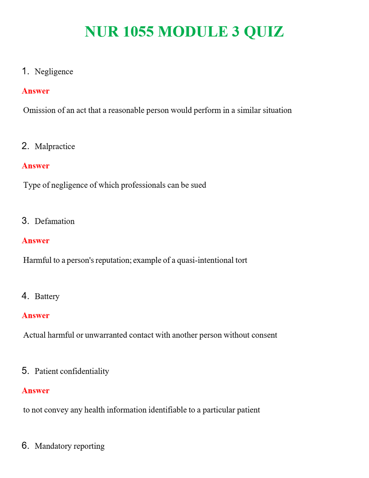 NUR 1055 MODULE 3 QUIZ | QUESTIONS & ANSWERS (SOLVED)