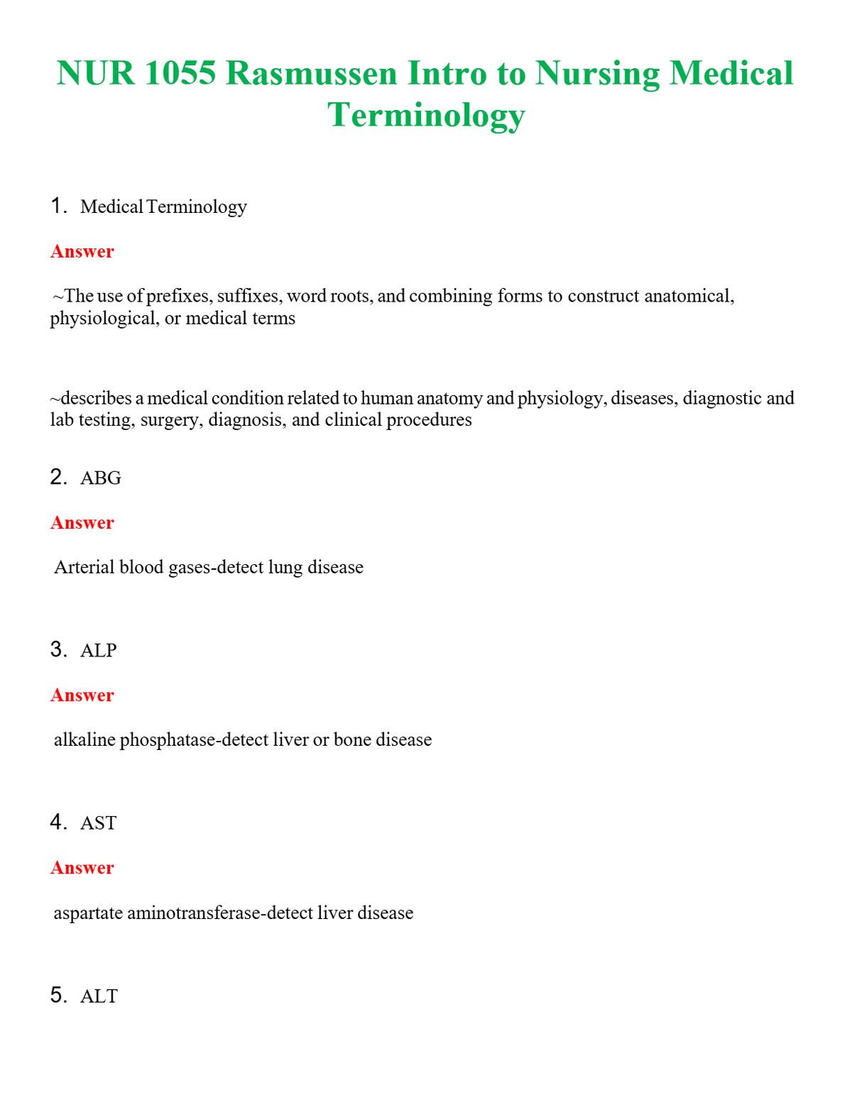 NUR 1055 RASMUSSEN INTRO TO NURSING MEDICAL TERMINOLOGY | LATEST QUESTIONS WITH COMPLETE GRADE A++ ANSWERS