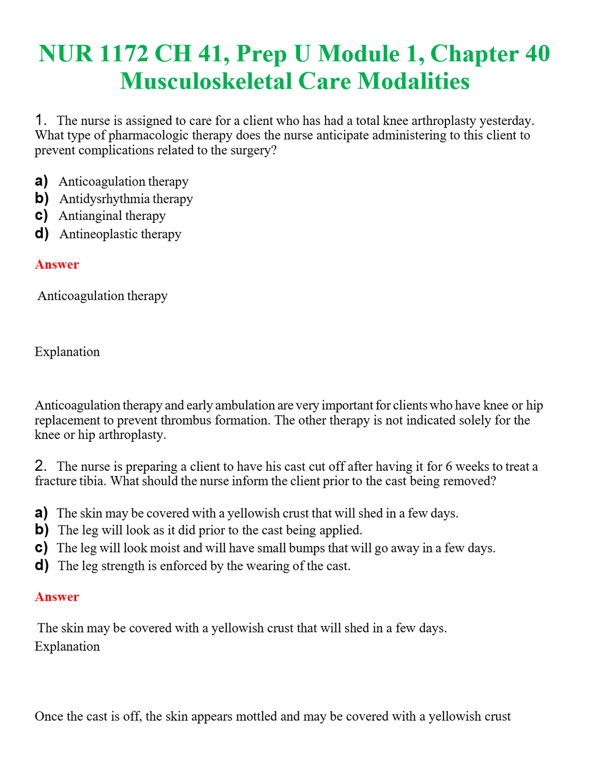 NUR 1172 CH 41, PREP U MODULE 1, CHAPTER 40 MUSCULOSKELETAL CARE MODALITIES | QUESTIONS AND ANSWERS INCLUDED