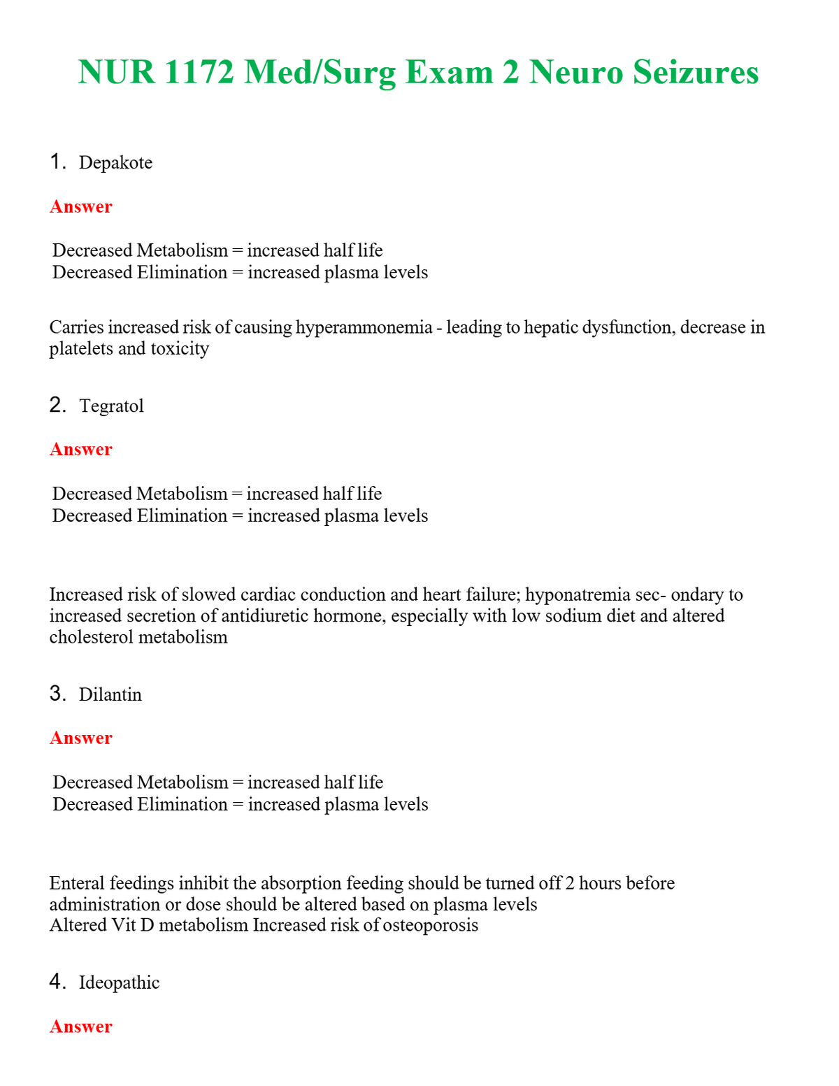 NUR 1172 MED SURG EXAM 2 NEURO SEIZURES | COMPLETE ANSWERS 100% CORRECT