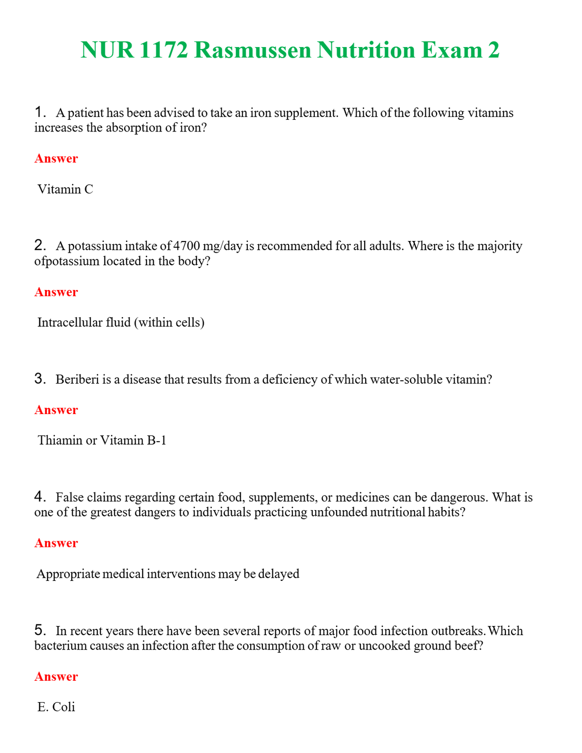 NUR 1172 RASMUSSEN NUTRITION EXAM 2 | NEW FULL QUESTIONS AND ANSWERS 100% CORRECT