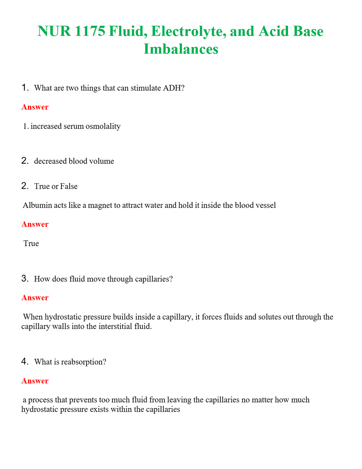 NUR 1175 FLUID, ELECTROLYTE, AND ACID BASE IMBALANCES | GRADED A+ QUESTIONS & ANSWERS