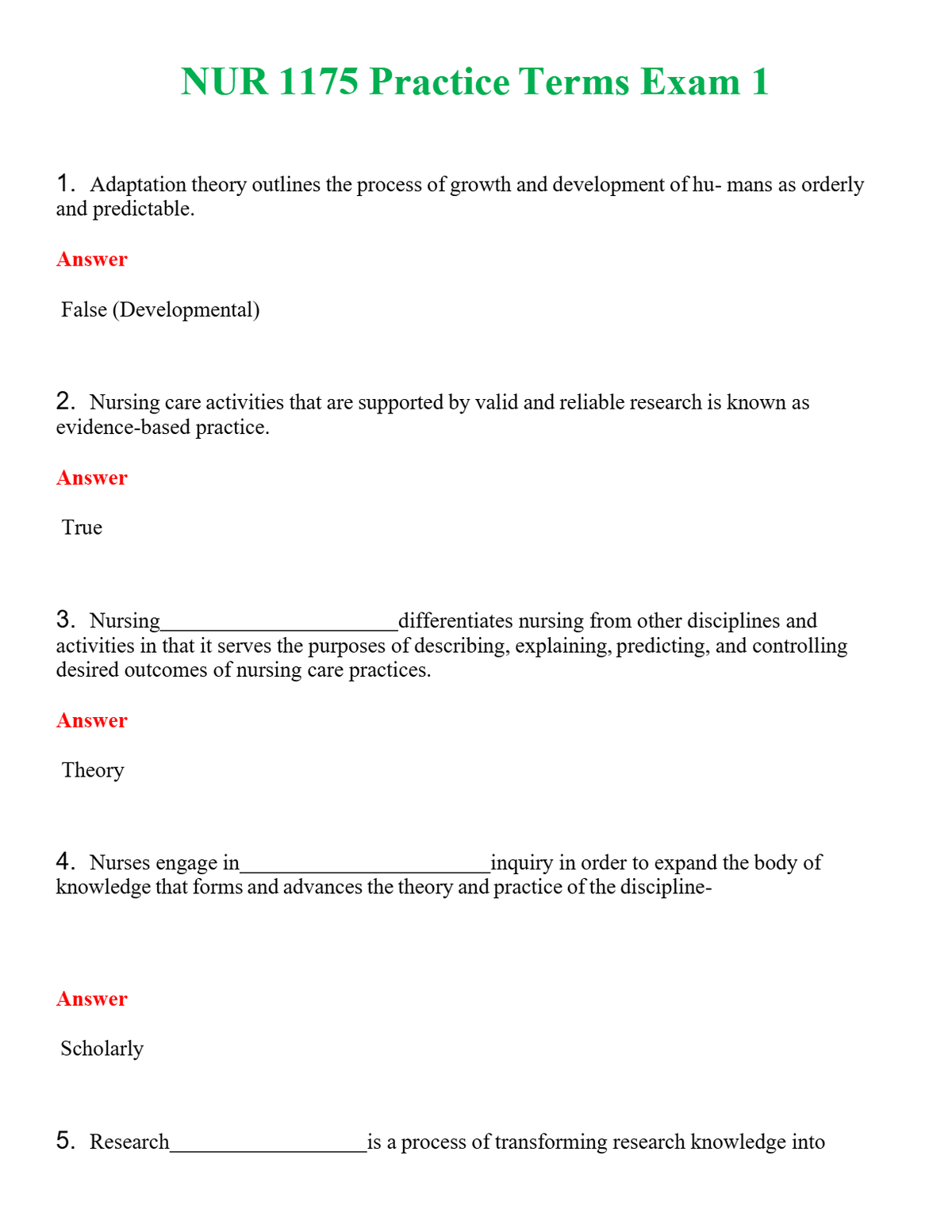 NUR 1175 PRACTICE TERMS EXAM 1 | A+ RATED GUIDE | QUESTIONS AND ANSWERS (SOLVED)