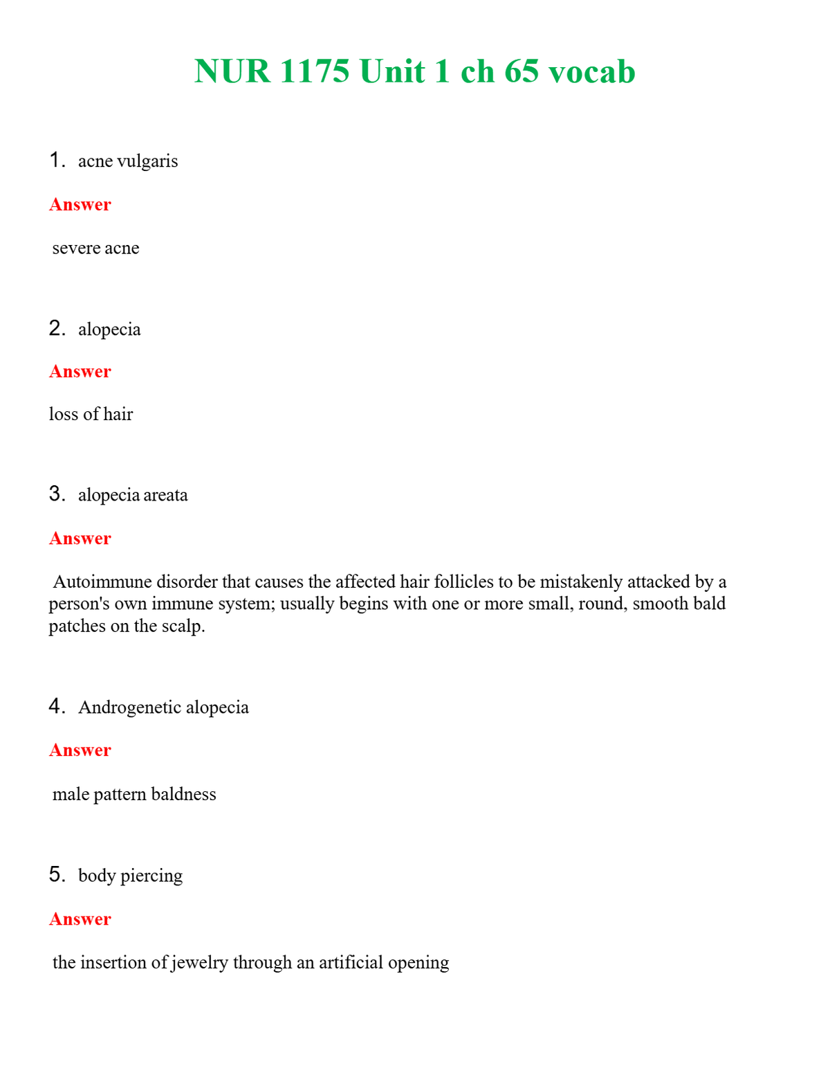 NUR 1175 UNIT 1 CH 65 VOCAB | LATEST QUESTIONS WITH COMPLETE GRADE A++ ANSWERS