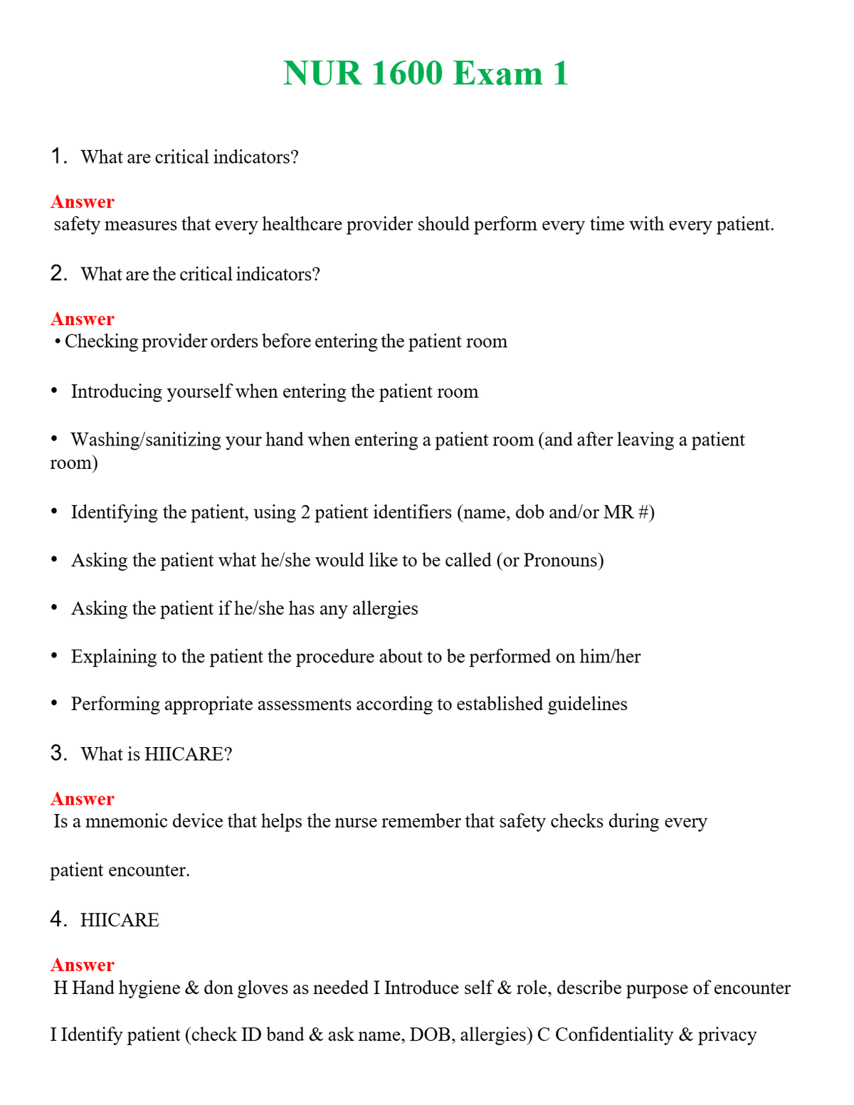NUR 1600 EXAM 1 | QUESTIONS & ANSWERS (SOLVED)