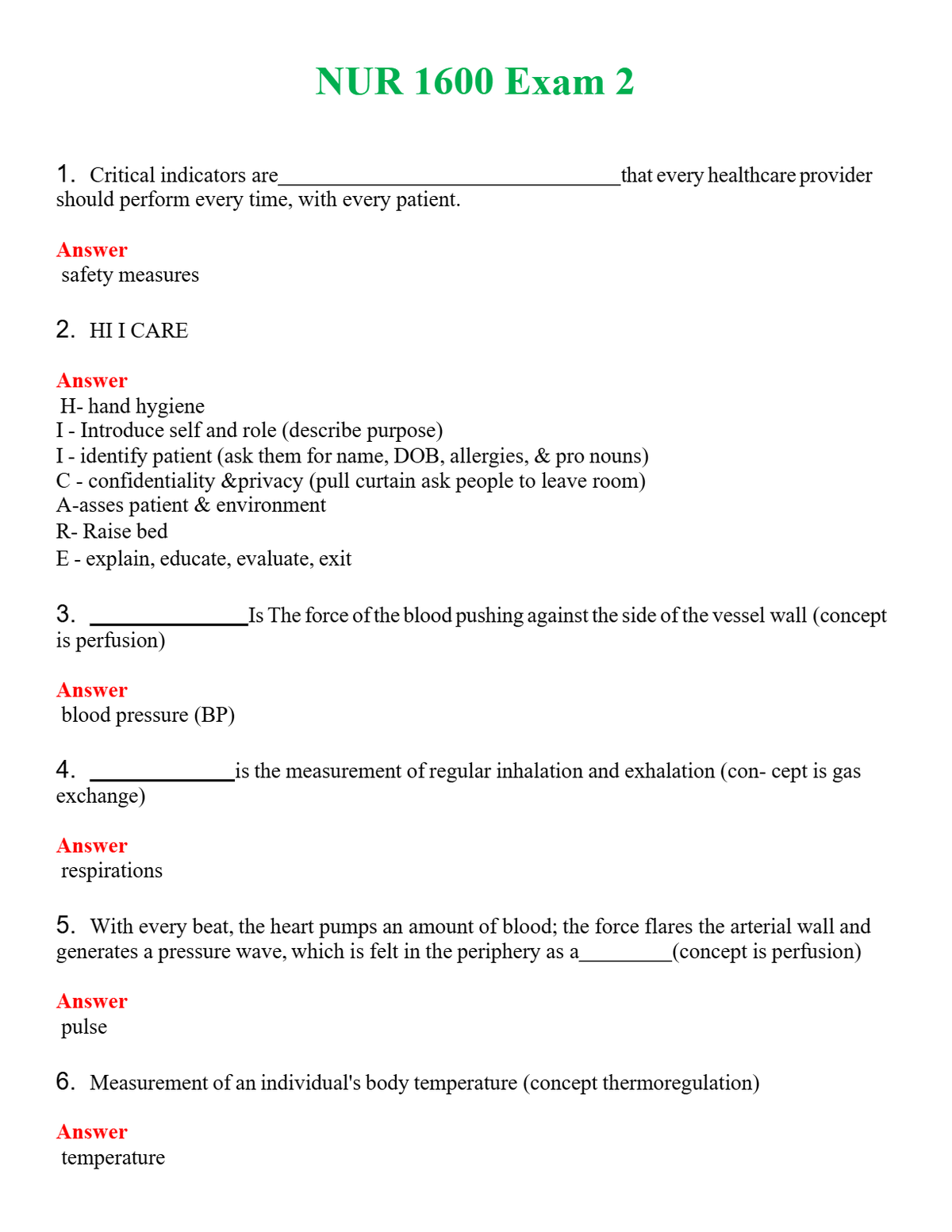 NUR 1600 EXAM 2 | (ACTUAL EXAM ) QUESTIONS AND ANSWERS (SOLVED)