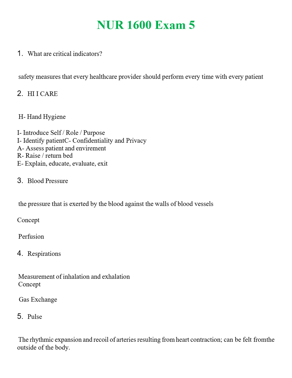 NUR 1600 EXAM 5 | A+ RATED GUIDE | QUESTIONS AND ANSWERS (SOLVED)