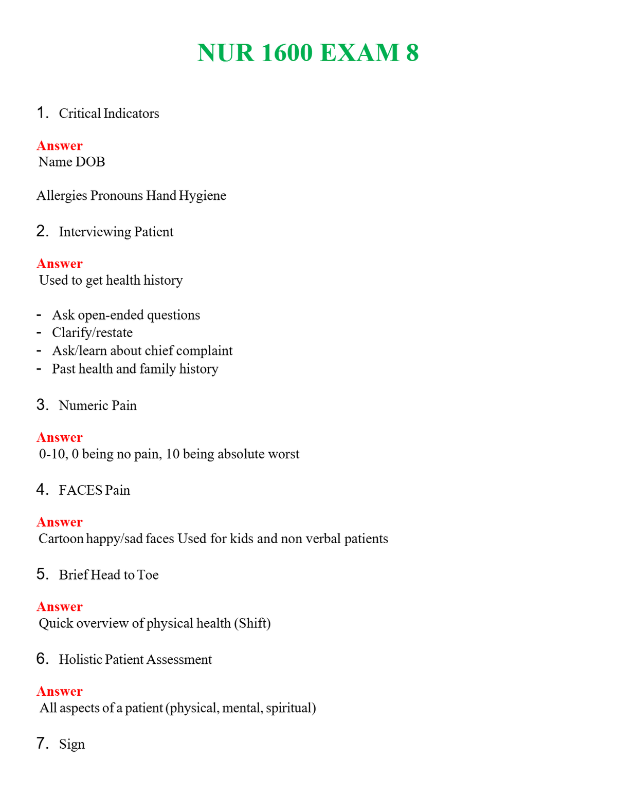 NUR 1600 EXAM 8 | GRADED A+ QUESTIONS AND ANSWERS (SOLVED)