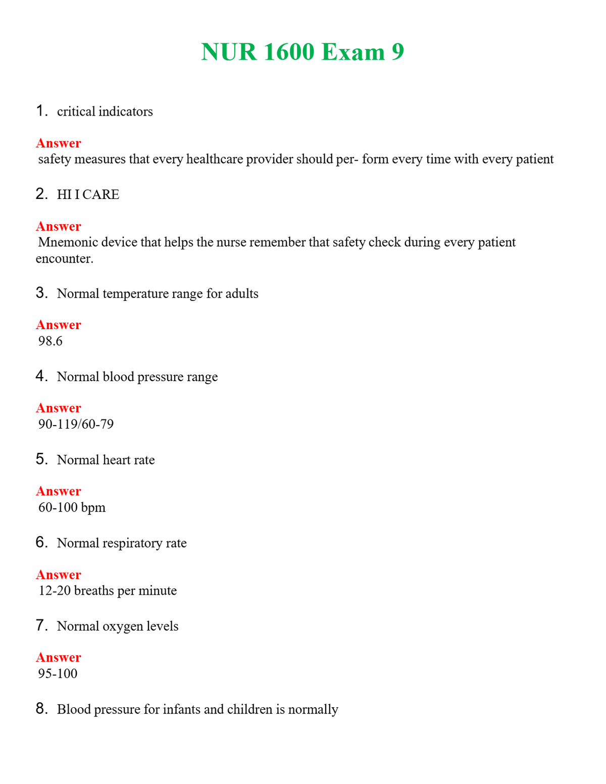 NUR 1600 EXAM 9 | GRADED A+ QUESTIONS & ANSWERS