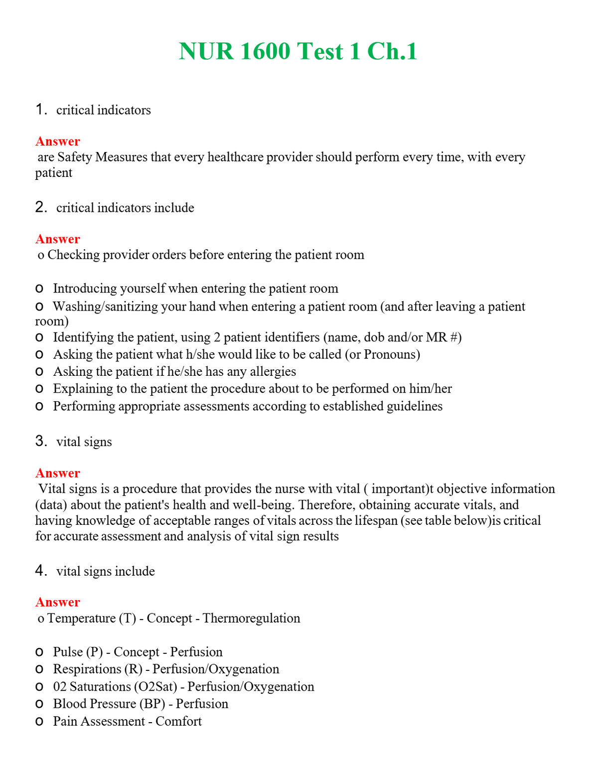 NUR 1600 TEST 1 CH.1 | QUESTIONS AND ANSWERS INCLUDED