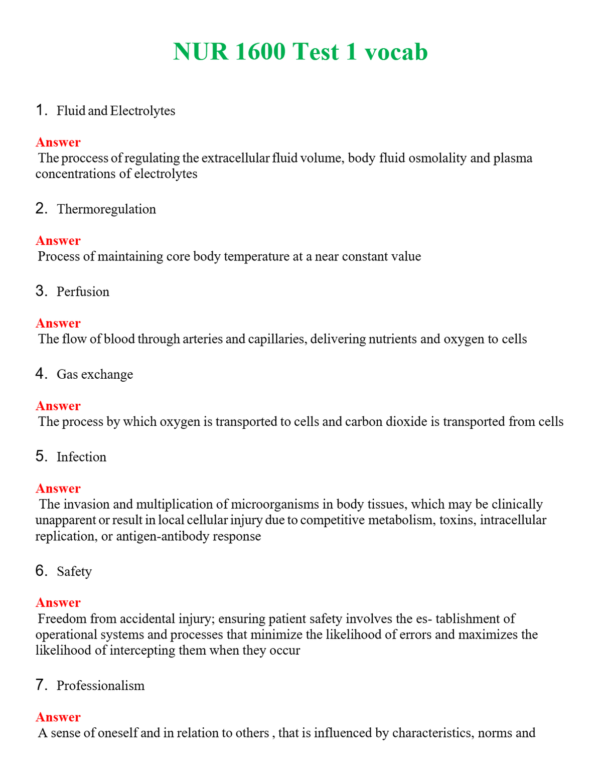 NUR 1600 TEST 1 VOCAB | COMPLETE ANSWERS 100% CORRECT