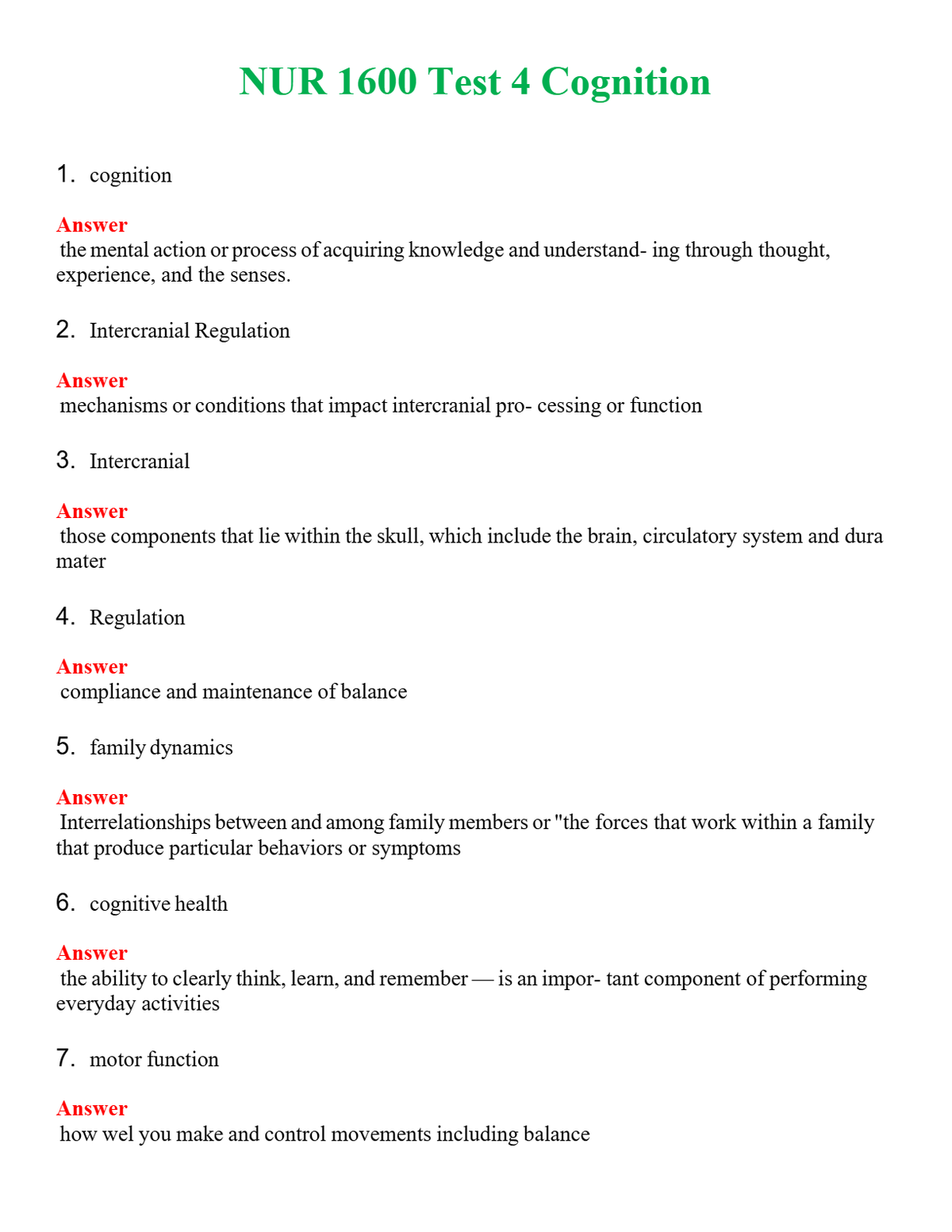 NUR 1600 TEST 4 COGNITION | QUESTIONS AND ANSWERS INCLUDED