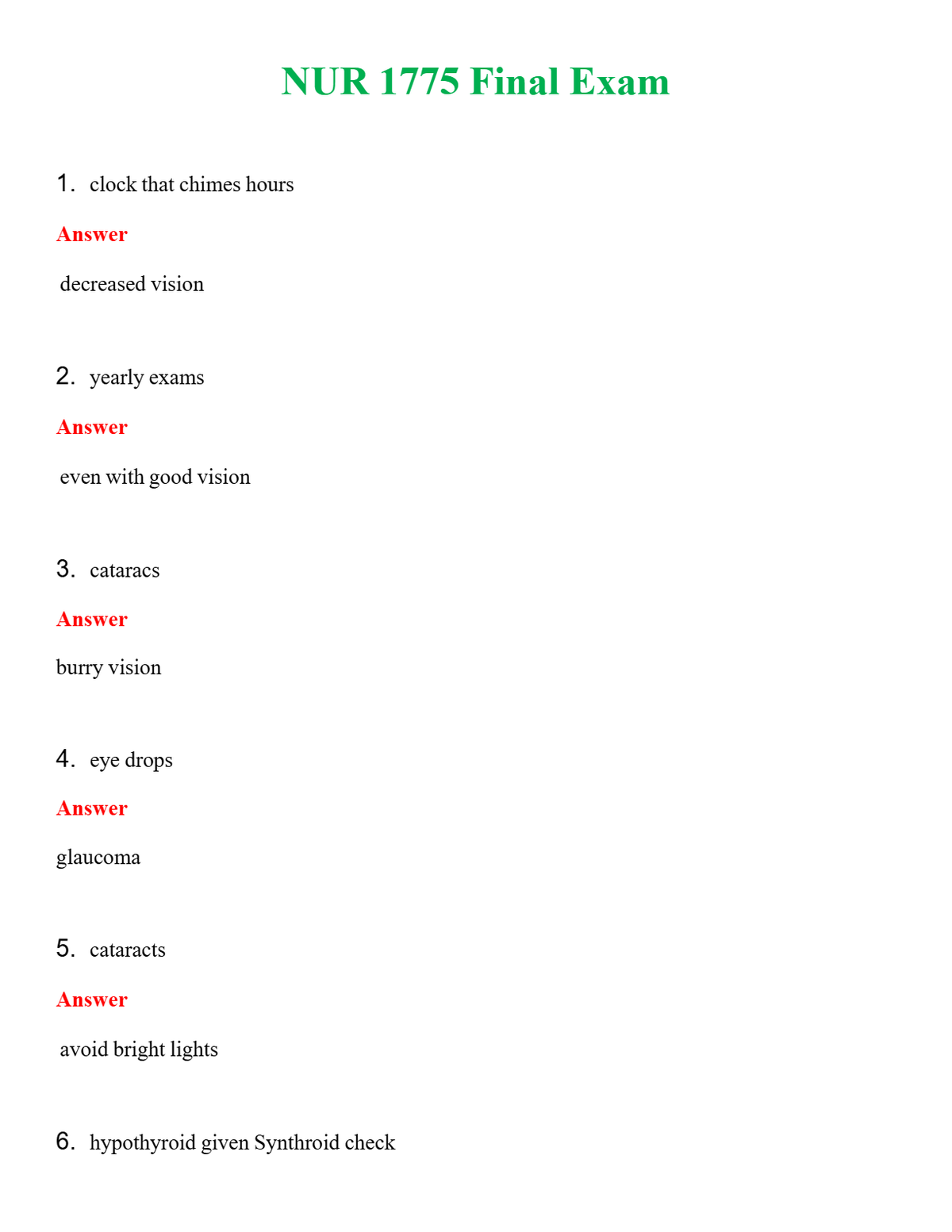 NUR 1775 FINAL EXAM | QUESTIONS AND ANSWERS INCLUDED