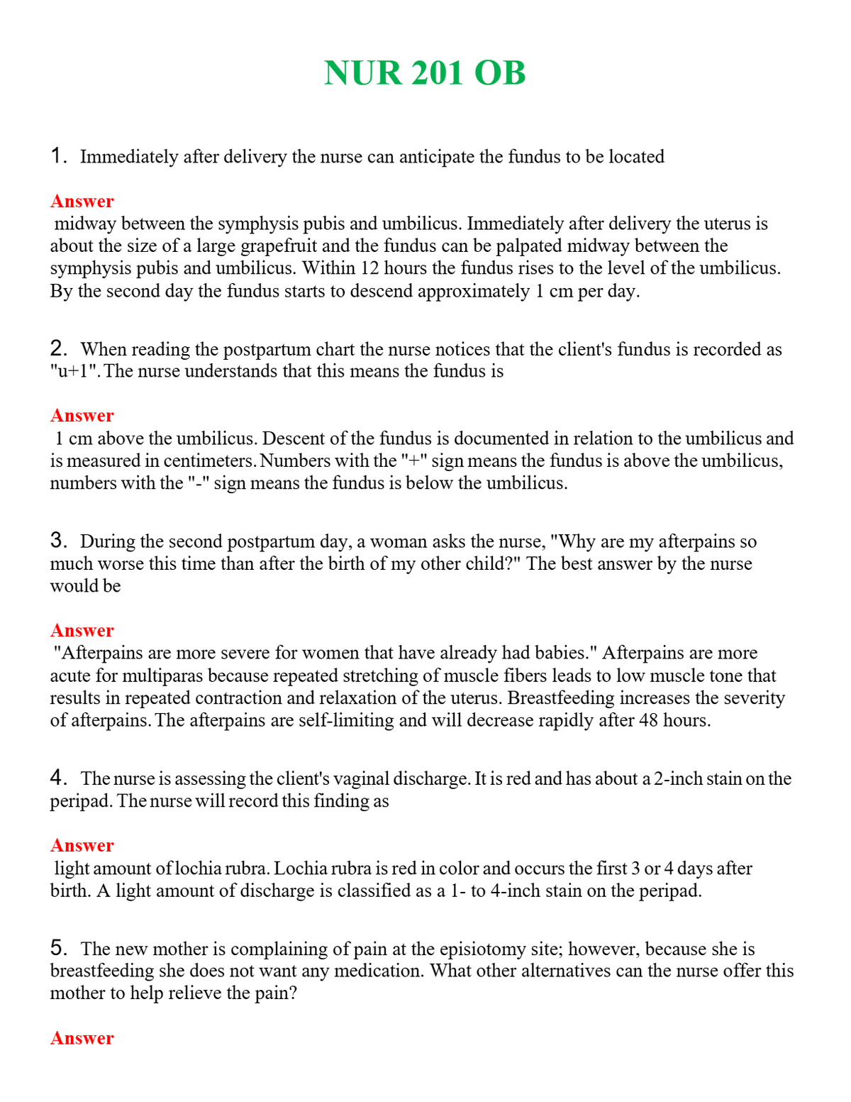 NUR 201 OB | GRADED A+ QUESTIONS AND ANSWERS (SOLVED)