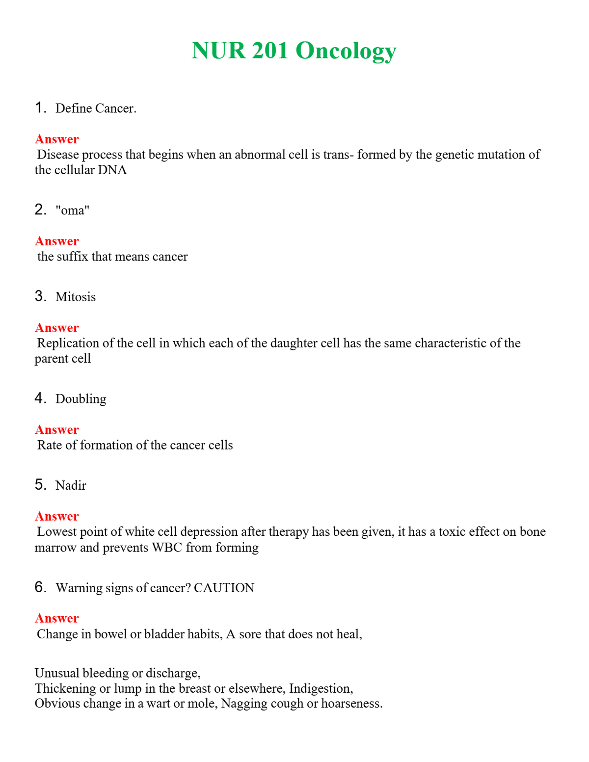 NUR 201 ONCOLOGY | COMPLETE ANSWERS 100% CORRECT