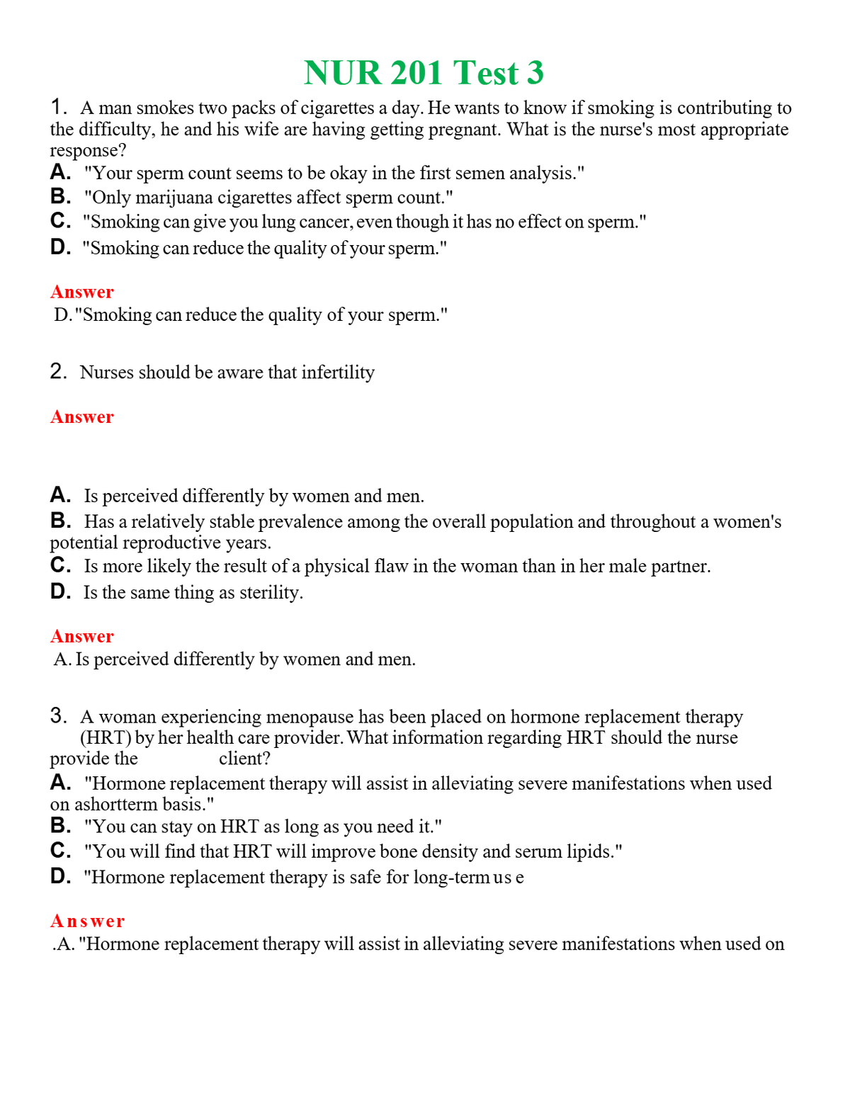 NUR 201 TEST 3 | QUESTIONS AND ANSWERS INCLUDED