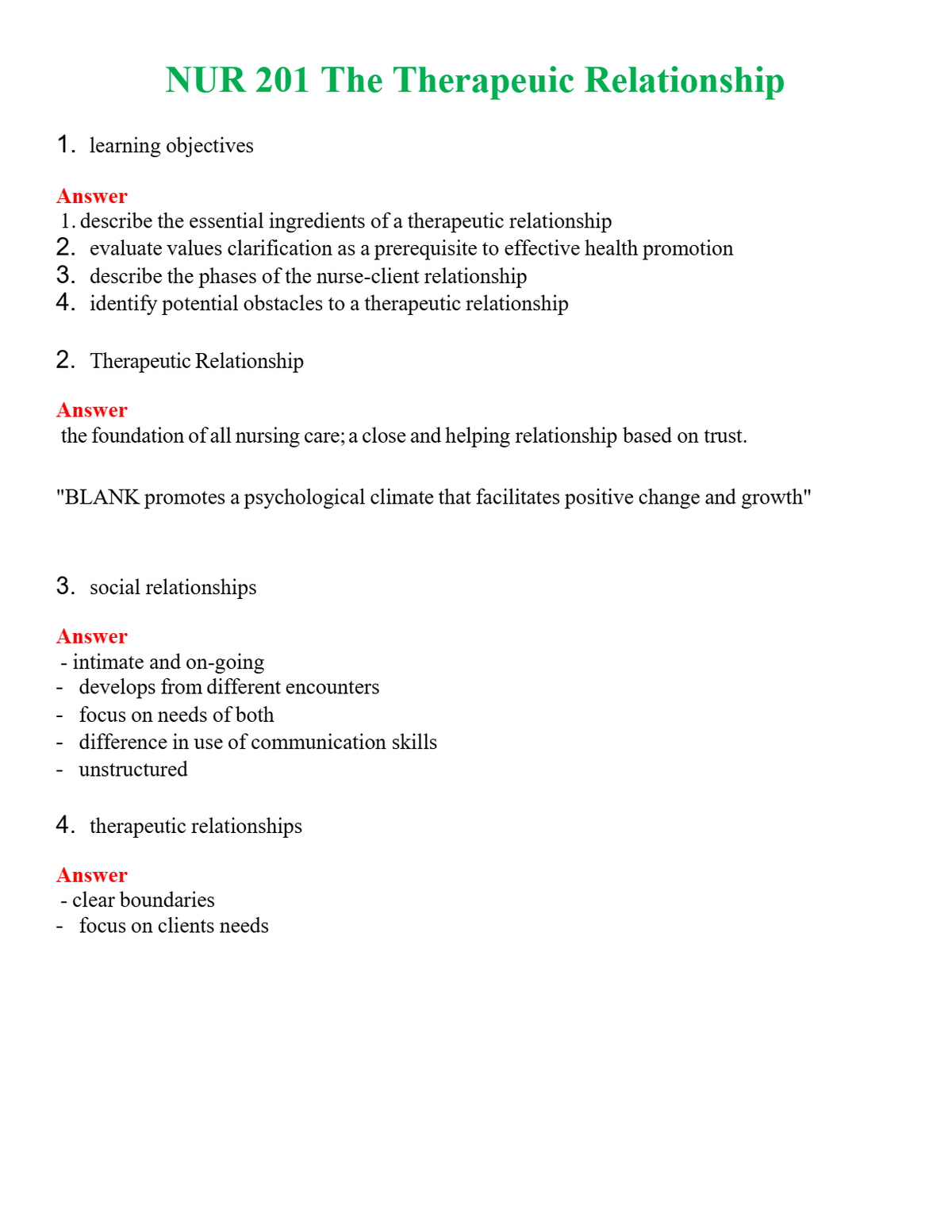 NUR 201 THE THERAPEUTIC RELATIONSHIP | GRADED A+ QUESTIONS AND ANSWERS (SOLVED)