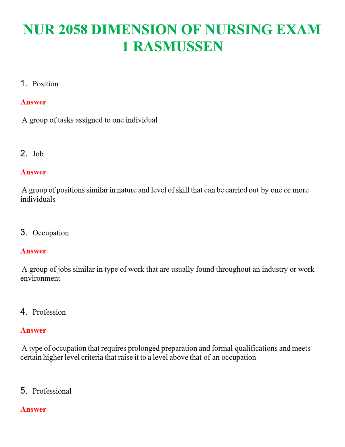 NUR 2058 DIMENSION OF NURSING EXAM 1 RASMUSSEN | COMPLETE ANSWERS 100% CORRECT