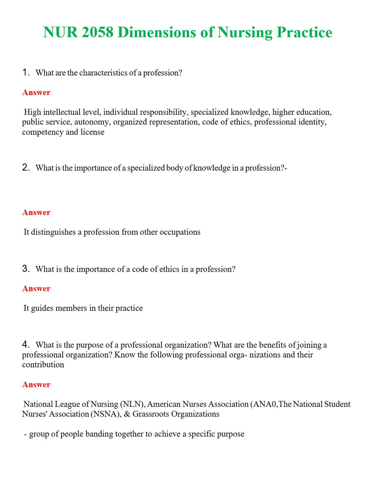 NUR 2058 DIMENSIONS OF NURSING PRACTICE | GRADED A+ QUESTIONS & ANSWERS