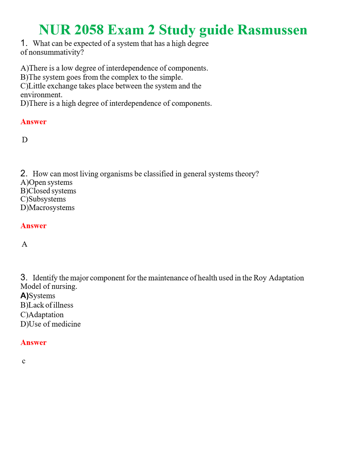 NUR 2058 EXAM 2 STUDY GUIDE RASMUSSEN | QUESTIONS AND ANSWERS INCLUDED